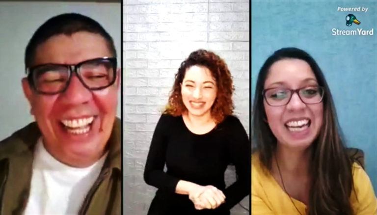 Print de Tela de videoconferencia com 3 pessoas