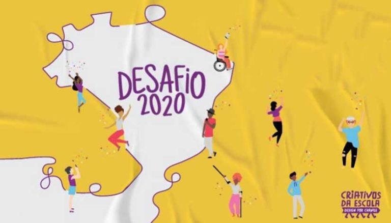Logotivo do Desafio Criativos da Escola 2020, com desenhos de pessoas e do mapa do Brasil