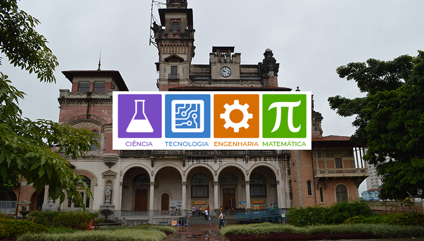 Imagem mostra o Museu Catavento ao fundo e no centro símbolos das habilidades tecnológicas "Ciência, Tecnologia, Engenharia e Matemática".