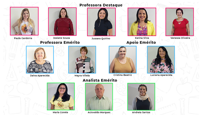 Imagem reúne a foto de todos os finalistas do Prêmio Educador em Destaque 2019. Cinco professores, 2 professores emérito, dois analistas e 3 do quadro de apoio.
