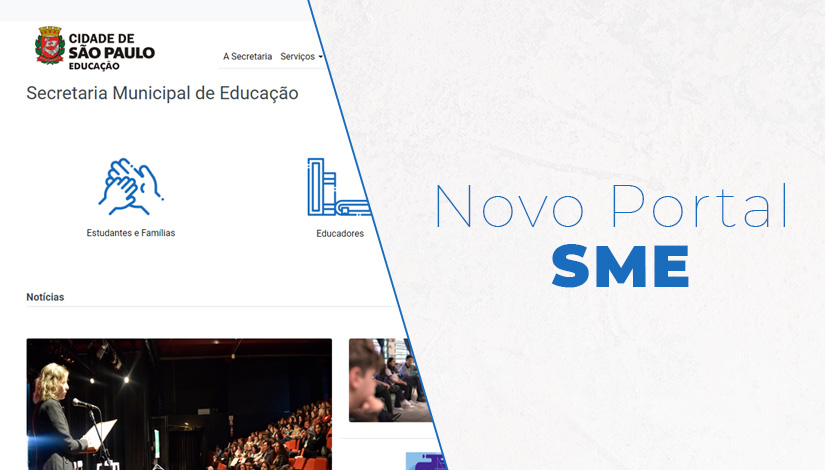 Imagem com a Home do novo portal da SME e ao lado os dizeres Novo Portal SME