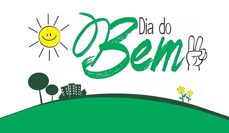 Imagem apresenta um desenho com morro verde e um sol, na parte de cima, a escrita: Dia Do Bem