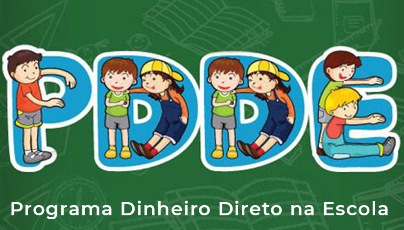 Imagem com a sigla PDDE com ilustrações de crianças dentro, e embaixo a escrita 