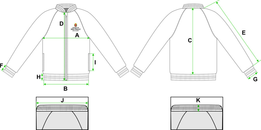 Desenho da indicação de medidas da jaqueta escolar.
