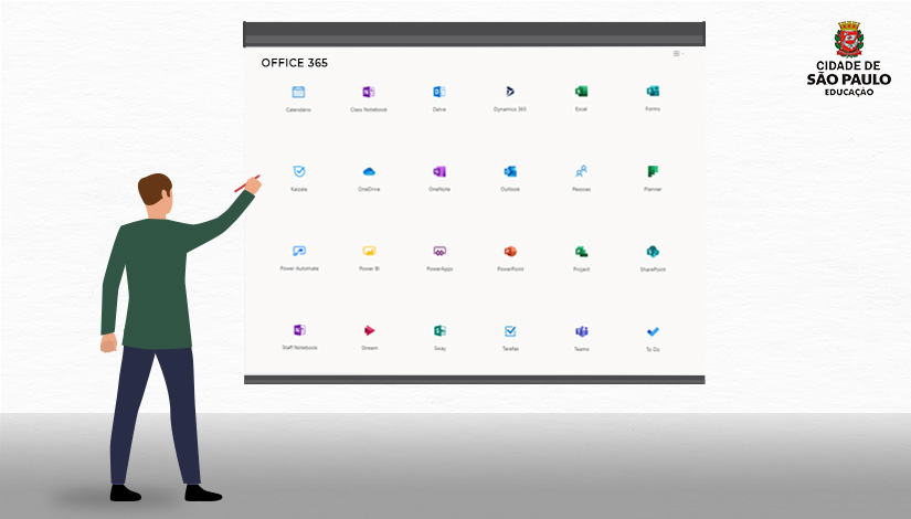 Imagem com professor de costas apontando para um telão com aplicativos do Office 365.