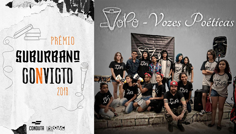 Imagem com a foto do cartaz do prêmio Suburbano Convicto 2019 na esquerda, e ao lado direito uma imagem de pessoas do grupo Vopo - Vozes Poéticas.