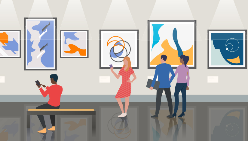 Imagem com uma ilustração de um museu, com pessoas olhando quadros na parede.