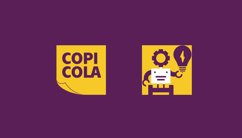 Imagem com um fundo roxo e duas imagens ao centro, ao lado esquerdo o logo do CopiCola e ao lado direito uma ilustração de um robô segurando uma lâmpada.