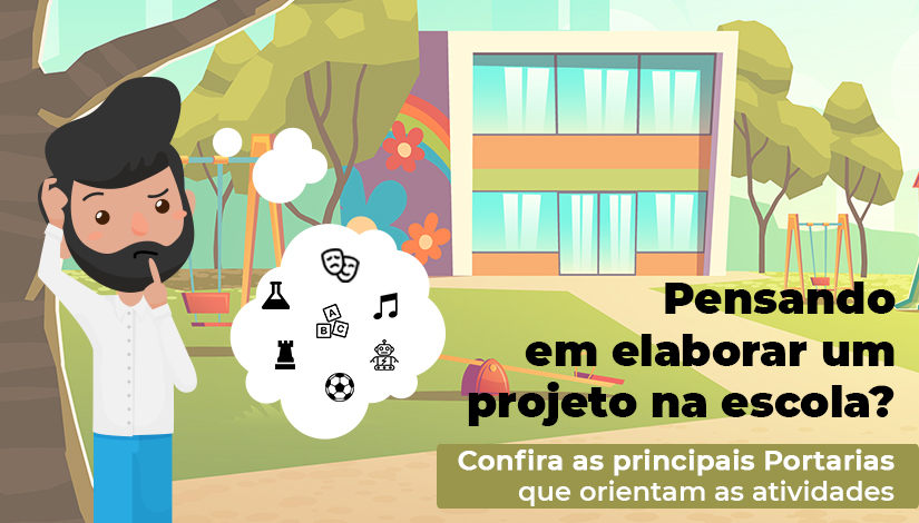 Imagem com ilustração de um professor e ao fundo uma escola com a frase "Pensando em Elaborar um projeto na escola? Confira as principais portarias que orientam as atividades."