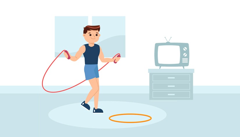 Imagem mostra uma pessoa em casa segurando uma corda fazendo exercícios físicos