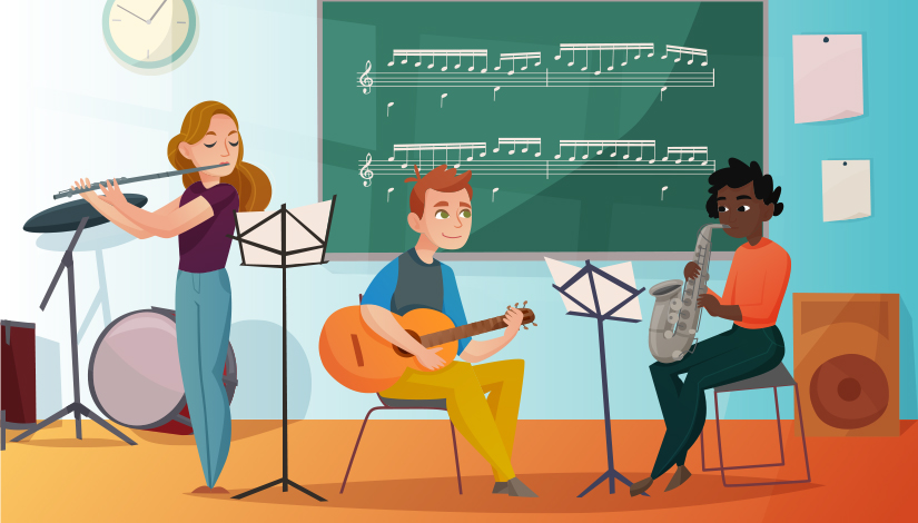 Imagem com uma ilustração de uma aula de música, com 3 pessoas tocando instrumentos, e ao fundo uma lousa com notas musicais.