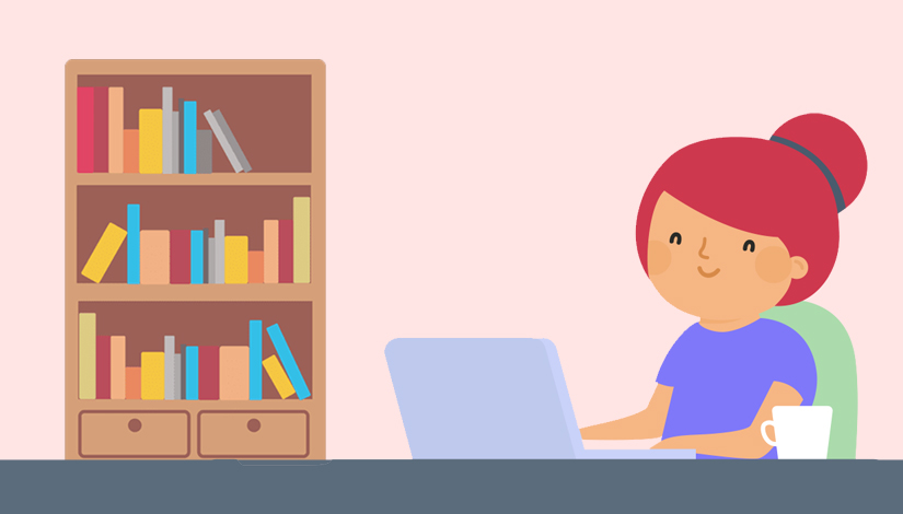 Ilustração de uma mulher sentada mexendo em um computador e ao lado esquerdo uma estante de livros.