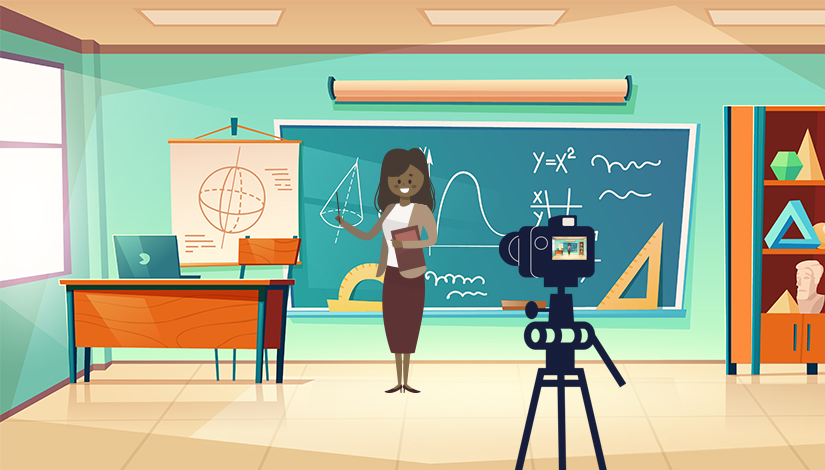 Ilustração de uma professora em uma gravação na sala de aula.