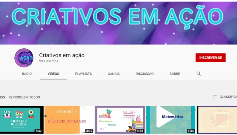 Imagem de capa do canal de vídeos criado pela escola com o título: Criativos em Ação