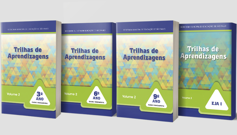 Imagem com a capa dos quatro livros da Trilhas de Aprendizagem.