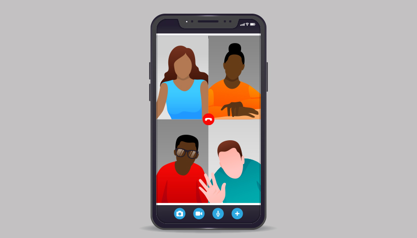 Imagem com uma ilustração de um celular em chamada de vídeo, com quatro pessoas.