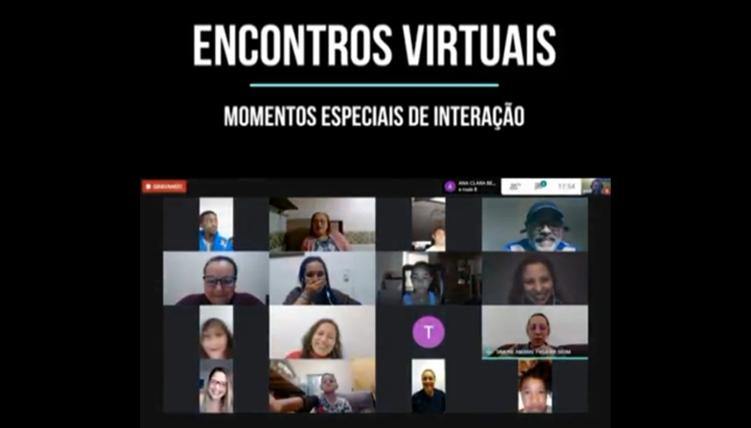 Imagem de uma chamada de vídeo e em cima a escrita "Encontro Virtuais".