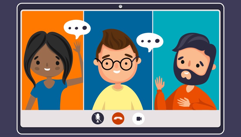 Imagem apresenta uma tela de um dispositivo móvel com 3 pessoas interagindo e conversando virtualmente.