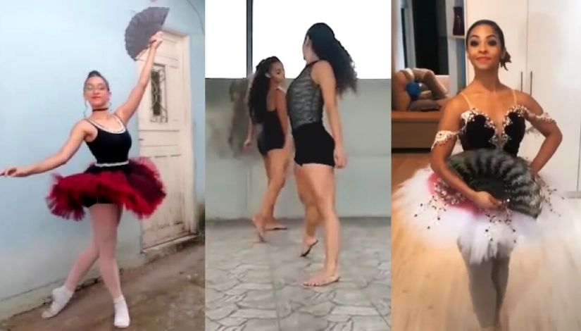 Fotografia de 4 meninas dançando, duas vestem roupa de balé. 