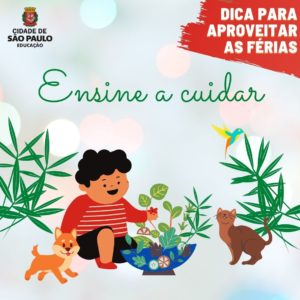 Dica para ensinar crianças a cuidarem - ilustração de criança cuidando de plantas e ao lados de animais de estimação