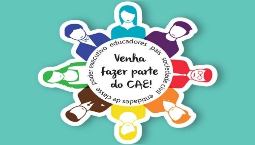 Logotipo do Conselho de Alimentação Escolar com a frase: Venha fazer parte do CAE