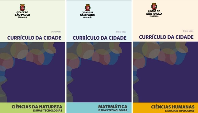 Imagem com três capas do Currículo da Cidade do Ensino Médio