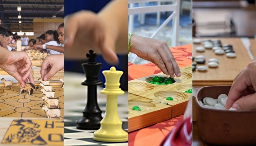 montagem com quatro fotos mostrando a prática dos jogos de tabuleiro, jogo da onça, xadrez, mancala awelé e Go