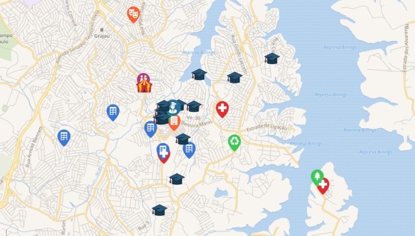 imagem do mapa do bairro do grajau com destaque para locais que oferecem serviços à população