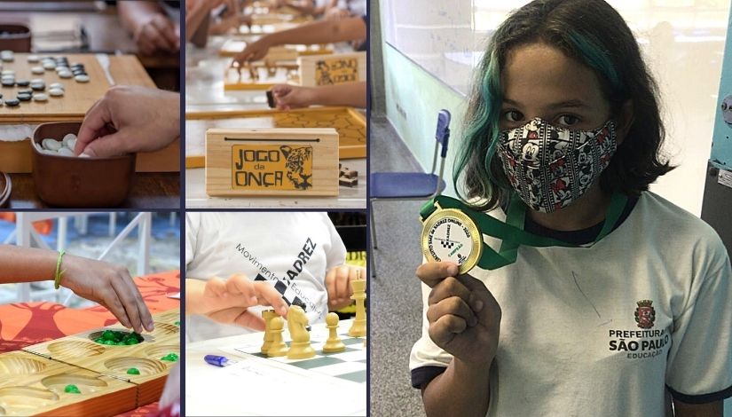 estudante recebe medalha. imagens dos jogos de xadrez, go, jogo da onça e mancala