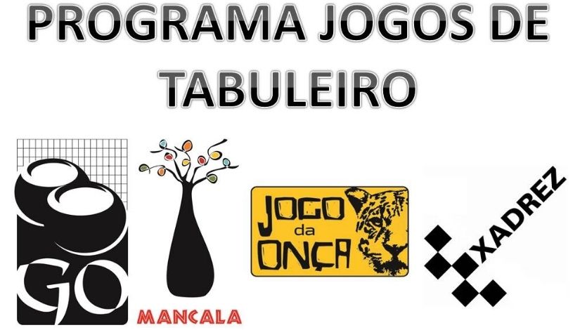 Escrito Jogos De Tabuleiro e logotipos do Mancala, Jogo da Onça e Xadrez