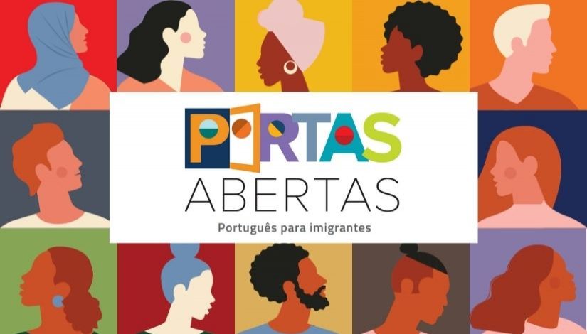 Ilustração com diversas pessoas de diferentes etnias e o texto Portas Abertas - Português para migrantes