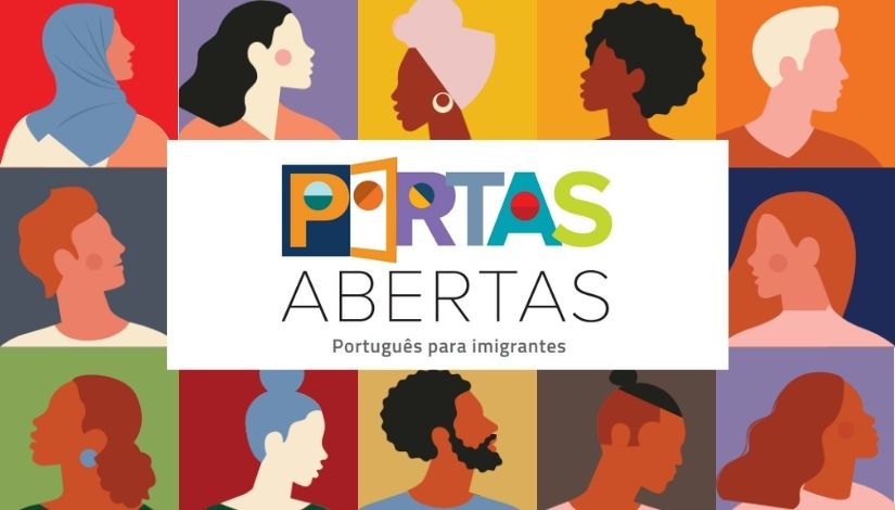 Ilustração com diversas pessoas de diferentes etnias e o texto Portas Abertas - Português para migrantes