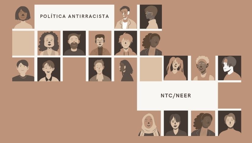 Imagem composta de um mosaico de desenhos de várias pessoas e os dizeres: Política Antirracista NTC/NEER