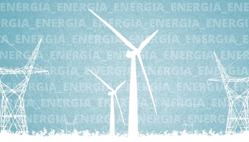 imagem com elementos que remetem à energia, moinhos e redes de energia