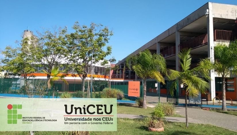Imagem de um Centro Educacional Unificado com as logomarcas do Instituto federal de Educação, Ciência e Tecnologia São Paulo e da UniCEU - Universidade nos CEUs em parceria com o Governo Federal.