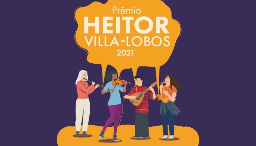 Cartaz de divulgação do Premio Heitor Villa Lobos. imagem de quatro pessoas tocando instrumentos musicais