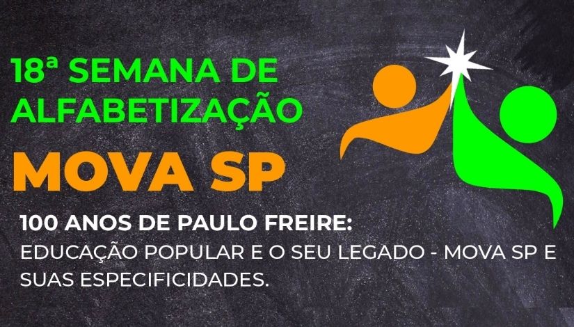 Imagem de fundo escuro nos tons preto e grafite com o texto "18ª Semana de Alfabetização Mova SP - 100 anos de Paulo Freire: Educação Popular e o seu legado - MOVA SP e suas especificidades".