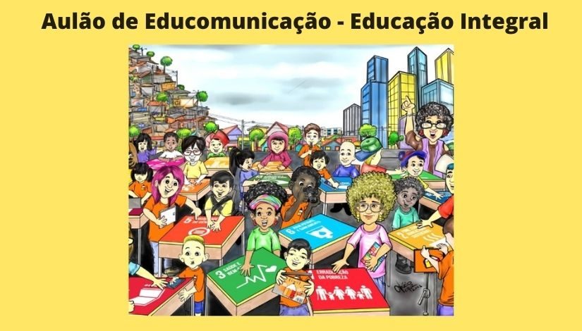 Imagem com desenho de várias pessoas com a mão sobre caixas e ao fundo uma cidade com prédios e casas. No quadrante superior, em fundo amarelo, o texto 