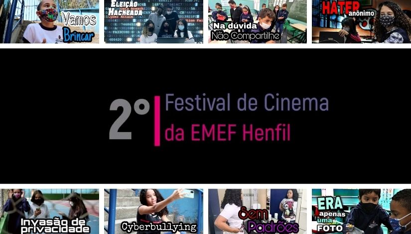 Grade de imagens com capa de filmes do 2º Festival de Cinema da EMEF Henfil.