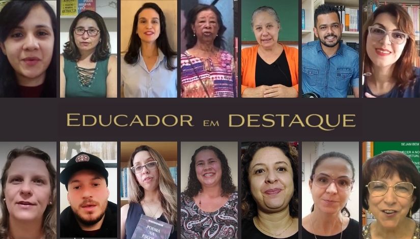 Quadro com 14 fotografias dos premiados do Educador em Destaque 