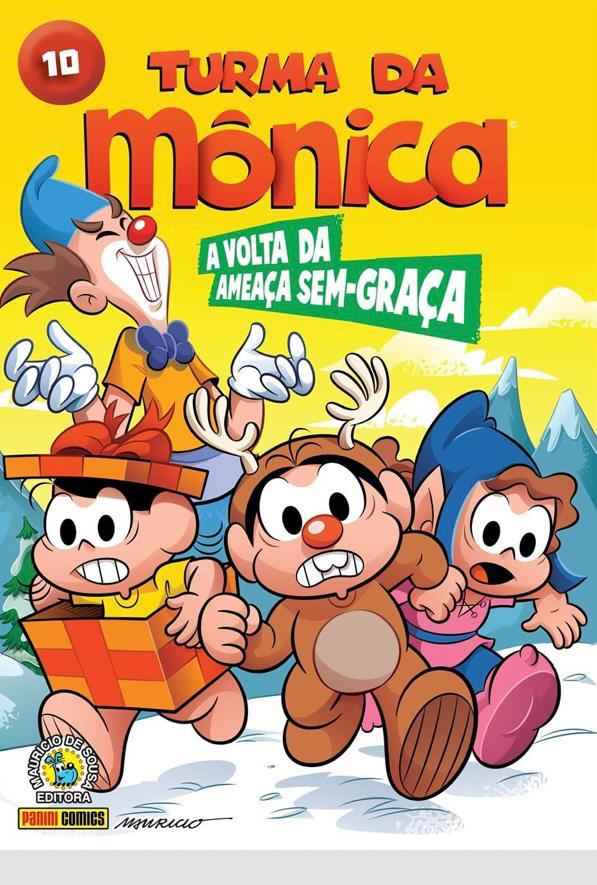 Capa do gibi da Turma da Monica com ilustração de 3 personagens correndo de um palhaço uma região de colinas.