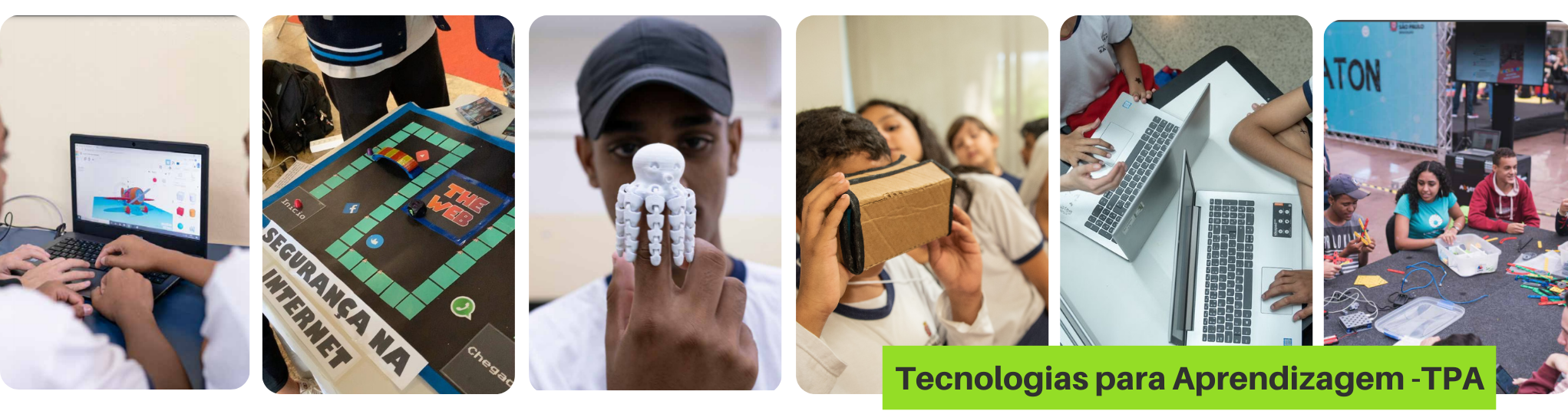 sequência de imagens de estudantes fazendo atividades que envolvem tecnologia