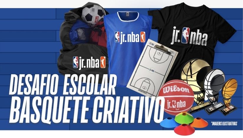 Sob os dizeres Desafio Escolar Basquete Criativo estão fotos de mochila, colete, camiseta, prancheta, bolas, trofeus e conse, com os escritos jr.nba