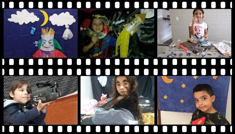 Mosaico com seis fotografias de crianças fantasiadas, com câmera na mão e com materiais como papeis coloridos entre outros. As imagens estão dentro de uma moldura de filme.