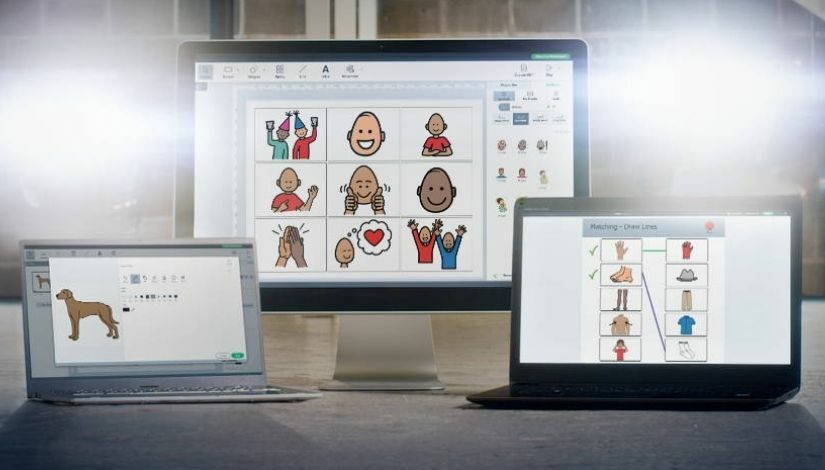 Imagem com três telas de computadores sobre uma mesa. As telas estão ligadas com diversas figuras de pessoas, objetos e um cão.