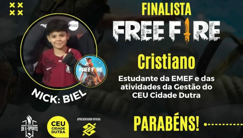 Arte mostra foto de menino de camiseta vermelha e abaixo está escrito "Nick: Biel". Segue com o texto "Finalista Free Fire Cristiano - Estudante da EMEF e das atividades da Gestão do CEU Cidade Dutra"