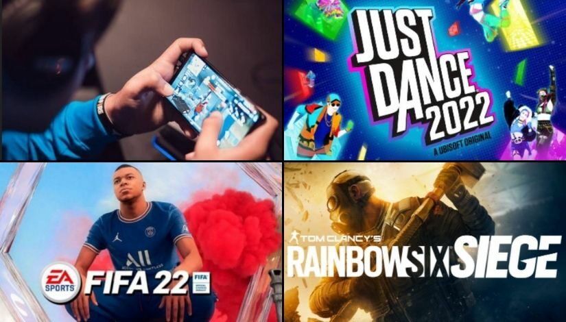 Mosaico com quatro imagens dos jogos Free Fire, Just Dance, Fifa 22 e Rainbow Six Siege.