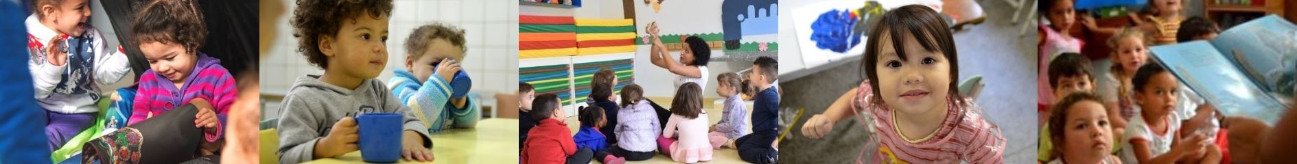 Composição com 5 fotos de bebês em atividades na educação infantil