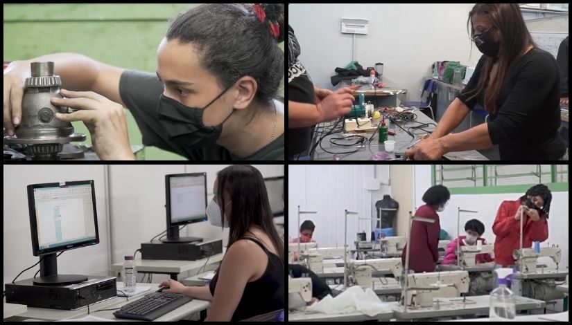 Mosaico com quatro fotografias dos cursos profissionalizantes dos Centros Municipais de Capacitação e Treinamento.