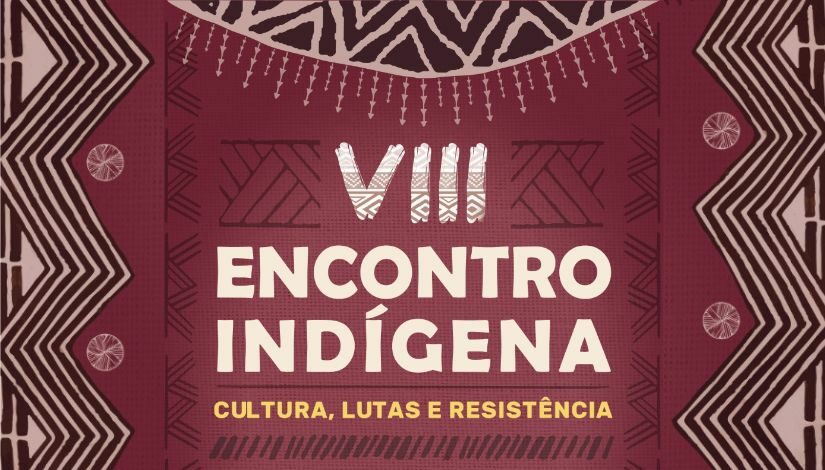 Arte com grafismos indígenas nas cores marrom, rosê e marsala. O texto diz 